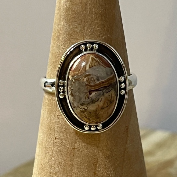 Hand Crafted Jewelry - SOLID 925 STERLING SILVER MEXICAN LAGUNA LACE AGATE GEMSTONE RING SIZE 8.5